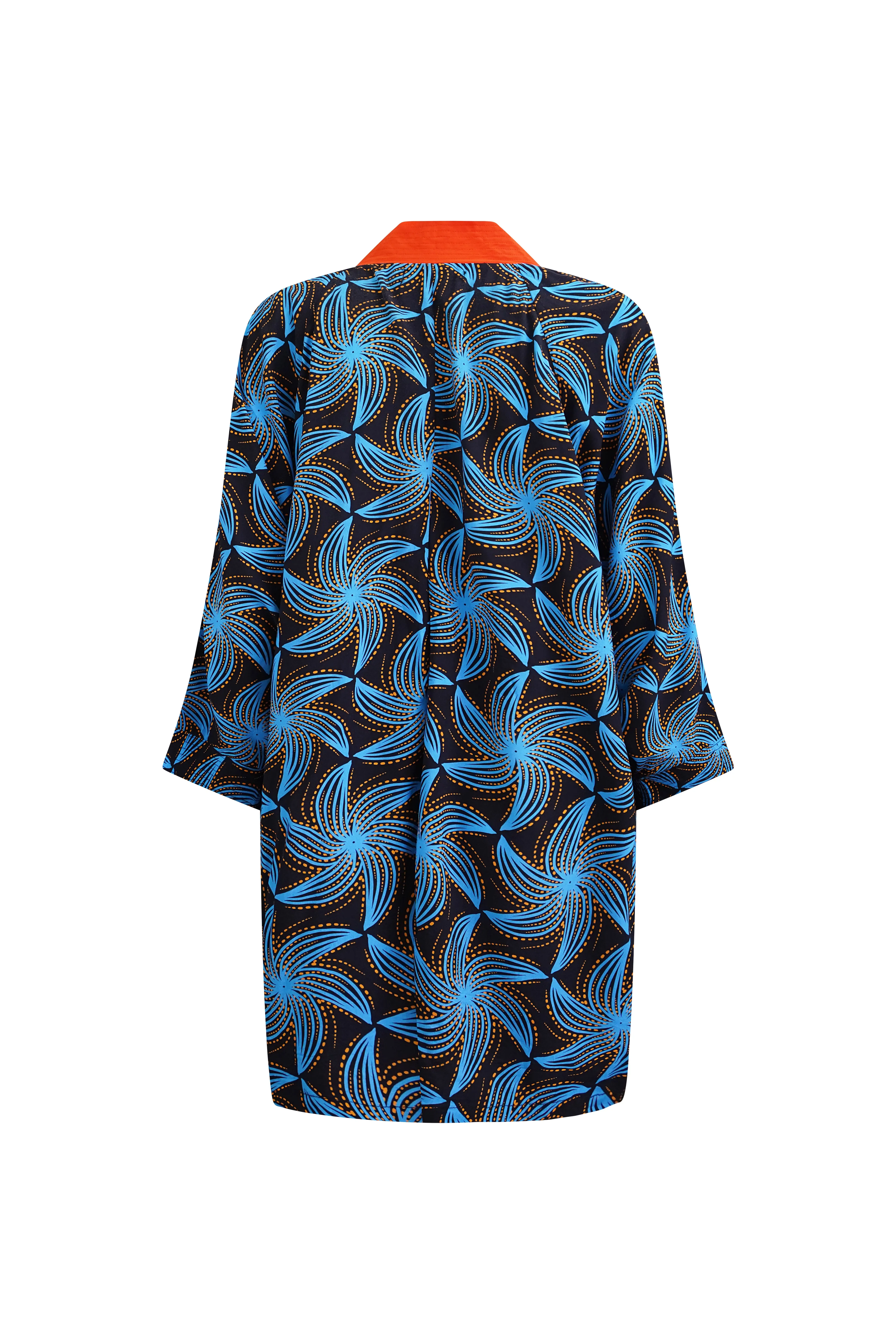 Tongo Loose Fit Unisex Afromono Kimono - Orange Black and Blue Stellar Whirls Print | ILC OA OG