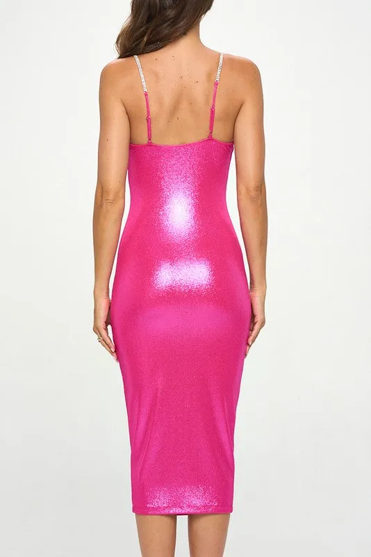 Ultra Fuchsia Glitter Rhinestone Strap Bodycon Midi Dress