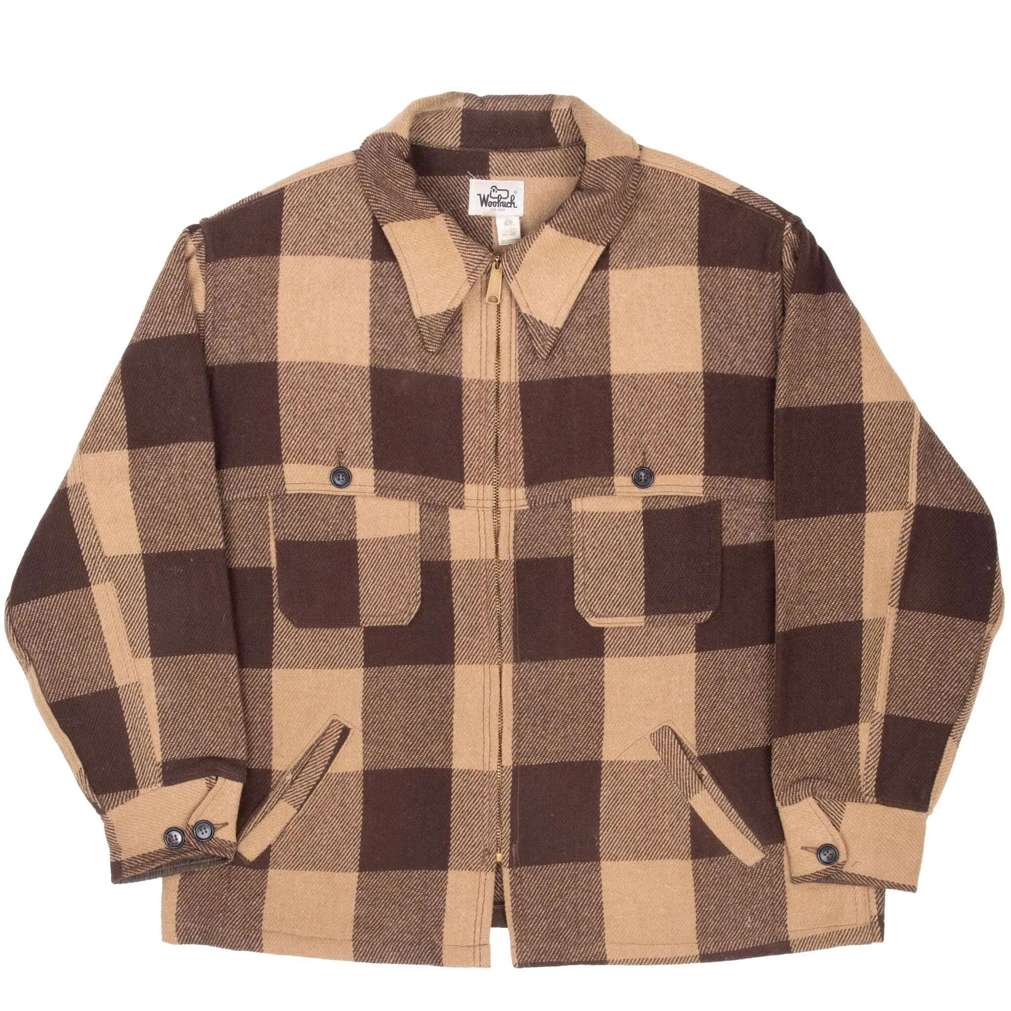 VINTAGE WOOLRICH BROWN PLAID MACKINAW CRUISER JACKET 1970S XL