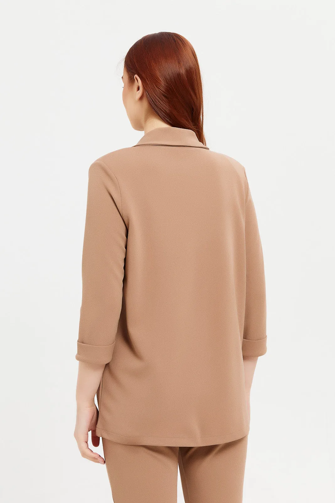 Women Taupe Rolled Sleeve Blazer