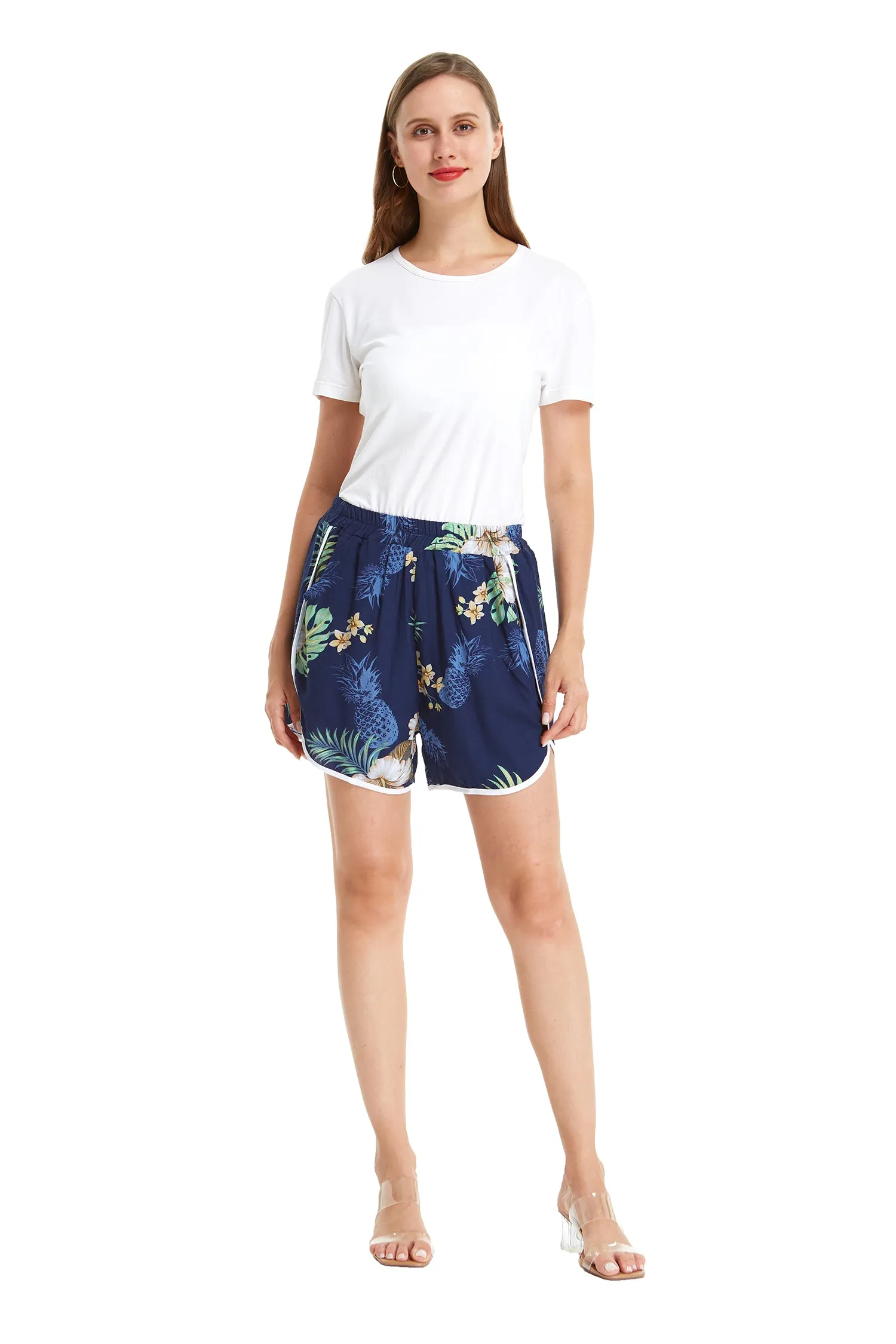 Women's Shorts with Elastic Band in Pineapple Garden Navy