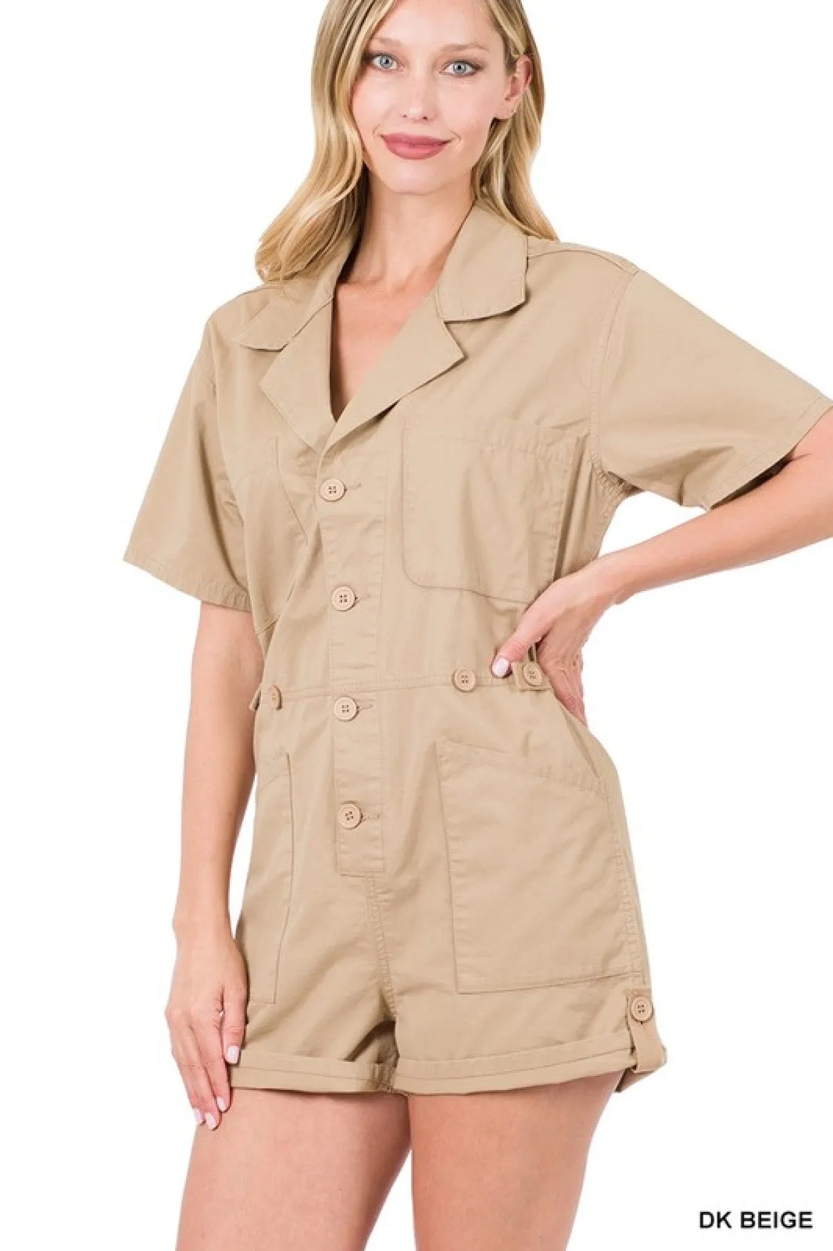 Zenana Woven Cotton Button Front Shirt Romper - Ships from The US