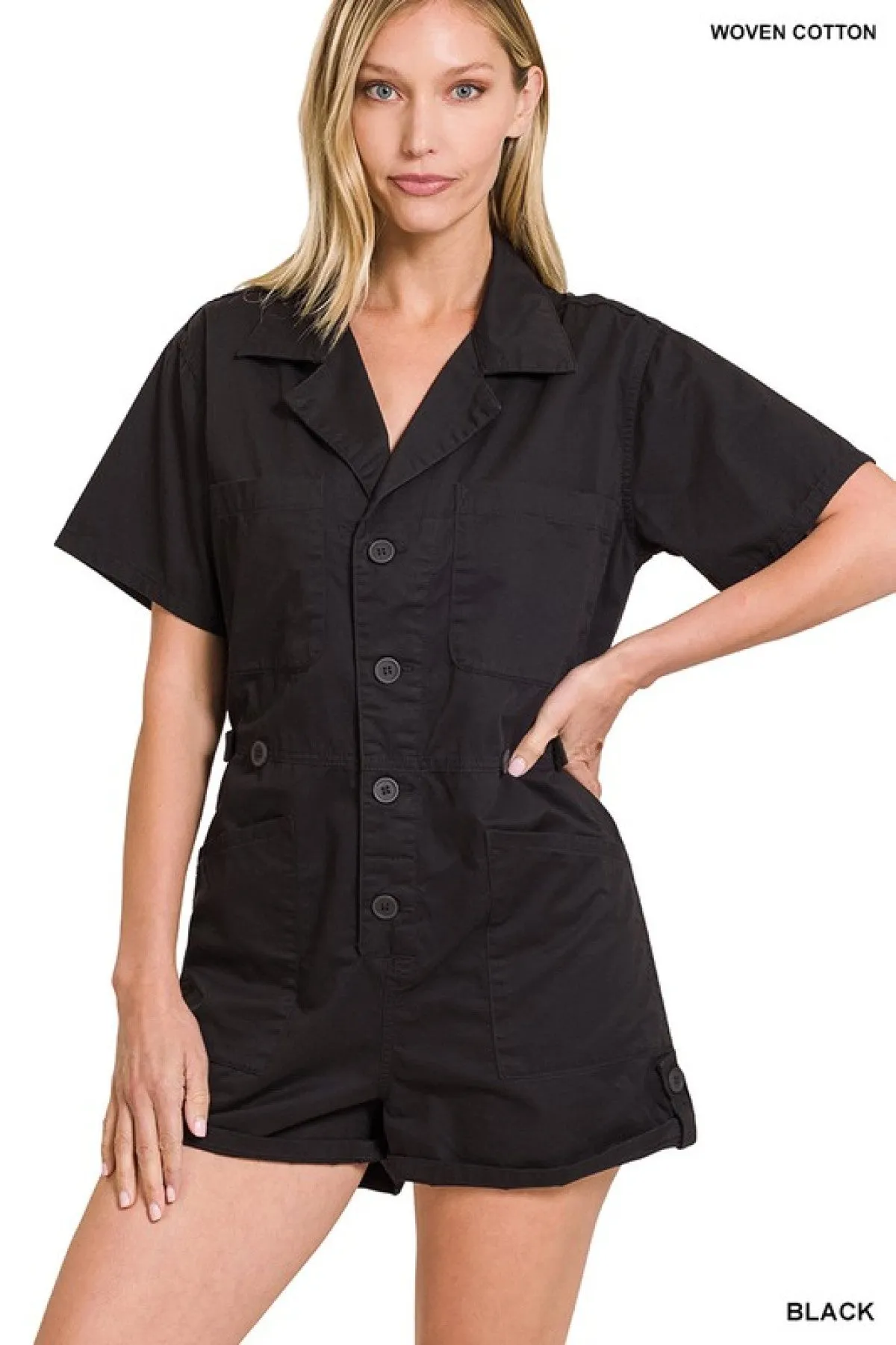 Zenana Woven Cotton Button Front Shirt Romper - Ships from The US