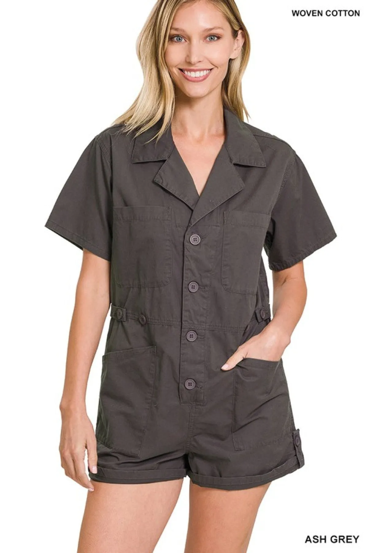 Zenana Woven Cotton Button Front Shirt Romper - Ships from The US