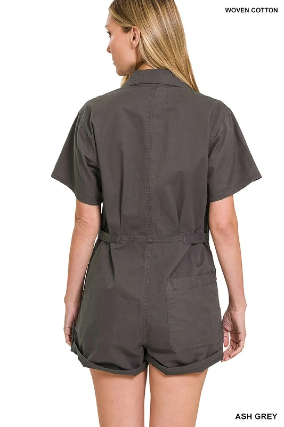 Zenana Woven Cotton Button Front Shirt Romper - Ships from The US