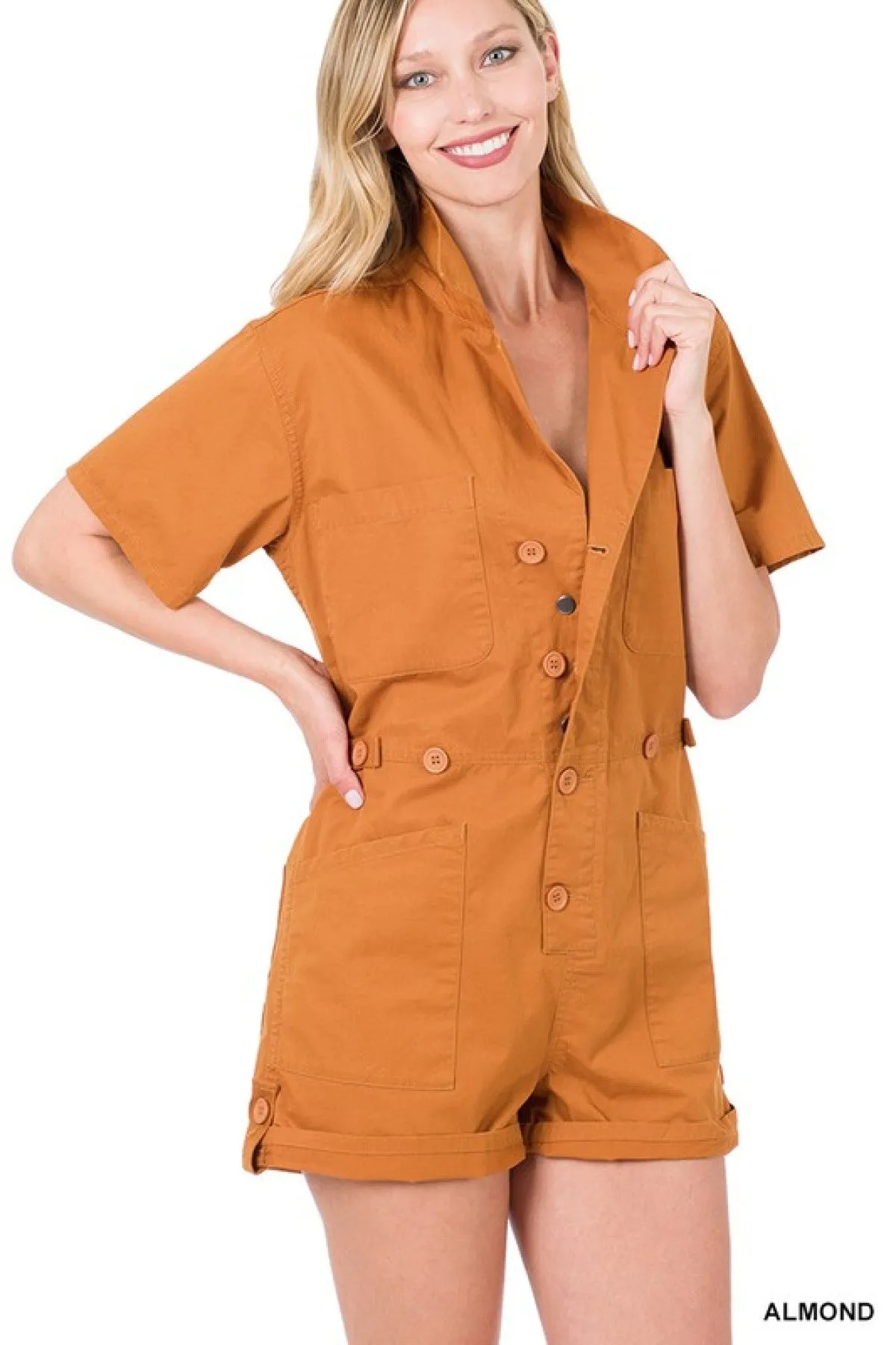 Zenana Woven Cotton Button Front Shirt Romper - Ships from The US