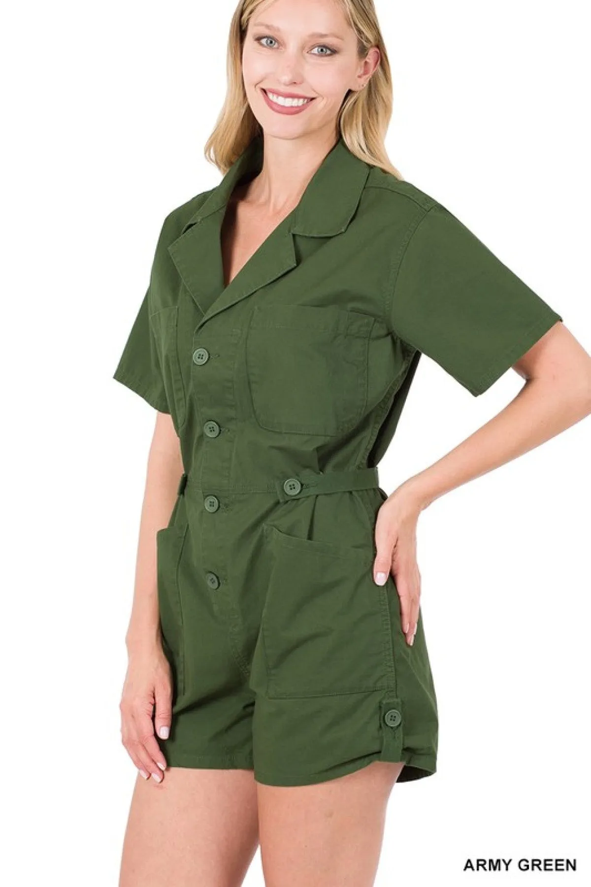 Zenana Woven Cotton Button Front Shirt Romper - Ships from The US